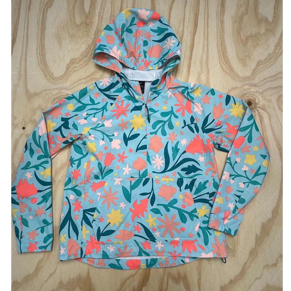 Nike Womens Loose Fit Packable Floral Windbreaker Quarter Zip Jacket Blue Small
